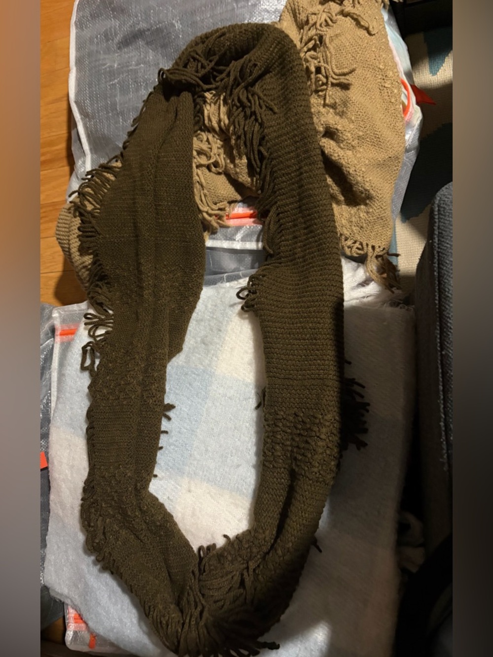 Lot of 3 scarves - 2 are Olive Green Knit Infinity Scarf with Fringe